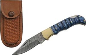 SZCO RITE EDGE 3" BLUE GROOVED - WOOD DAMASCUS LOCKBACK W/SHTH