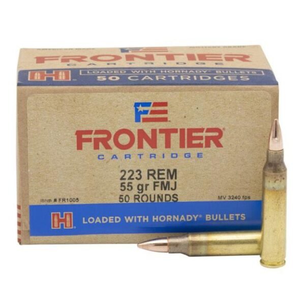 Hornady Frontier Rifle Ammunition . 223 Rem 55 gr FMJ 3240 fps 50/ct(Oriented)
